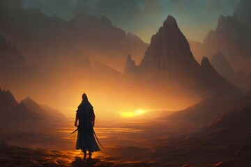 The lone figure stands on an alien landscape, looking out into the vastness of space. The sky is a deep black, speckled with stars. The figure is cloaked in a hooded robe, and holds a staff in