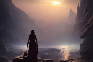 There is a lone figure in an alien landscape. They are standing on a rocky outcropping, and in the distance there is a strange planet with multiple moons. The sky is filled with stars, and the figure 