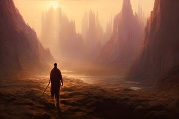 Obraz premium In the vast and lonely landscape of alien outer-space, there is a single figure. It stands out against the backdrop of stars and planets, unknown and alone.