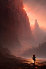 The lone figure stands out against the alien landscape. They are surrounded by strange rock formations and a orange sky. It is eerily quiet.
