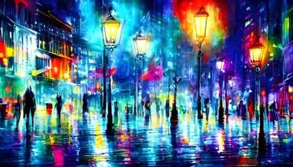 Naklejka premium The city street is alive with colors and the calm of night. Thestreetlights are a soothing presence, providing light and safety tothose who walk beneath them.