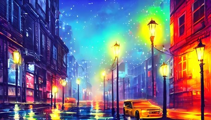 The city street is a calm oasis in the middle of the bustling metropolis. The colorful lights from the streetlamps reflect off of the pavement, creating a serene atmosphere. - obrazy, fototapety, plakaty