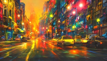 There is a city street at night. The streetlights are colorful and the scene is calm.