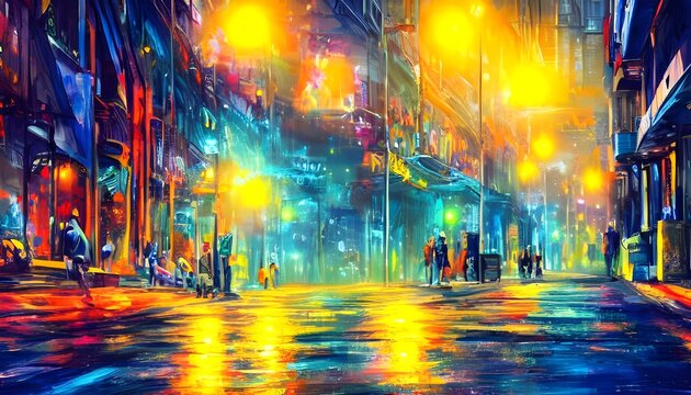 The City street is calm at night, with only the sound of cars passing by occasionally. The streetlights illuminate the way and cast a colorful glow on everything.