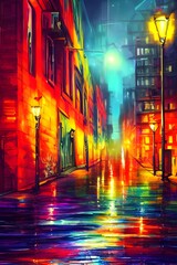 Naklejka premium On a typical city street at night, the peaceful atmosphere is interrupted by the bright colors of advertisements and flashing lights from cars.