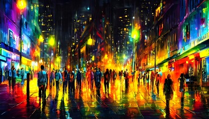 The city street is a calm and colorful place at night. The streetlights are shining brightly and the sidewalks are empty.