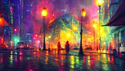 The city street at night is a calm and colorful scene. The streetlights cast a warm, inviting glow on the sidewalk below. - obrazy, fototapety, plakaty