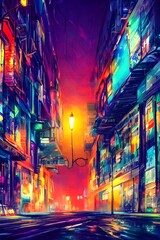 I see a city street at night. It's so colorful and calm. The streetlights are shining brightly and the stars are out.