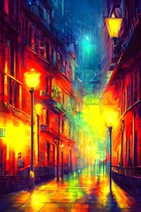 Naklejka premium The city street is calm and the streetlights are glowing brightly. The colors of the buildings and cars are all muted in the dark night.