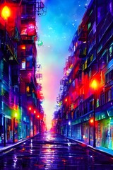Fototapeta premium I'm walking down the street at night and all around me are these tall buildings. The streets are empty but there's this feeling of peace. Up above, the stars shine bright against a deep blue sky. I lo