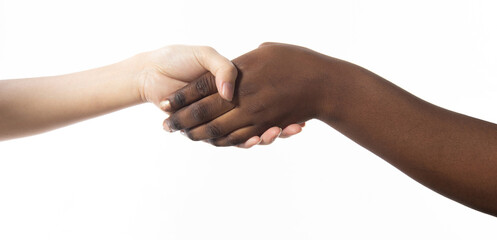 Multiethnic young women shake hands meeting together, they show business friend team harmony, have positive expressions agreement. Business no limit racism unity concept. white background isolated