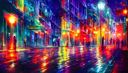 The city street is calm and the colorful streetlights are bright.