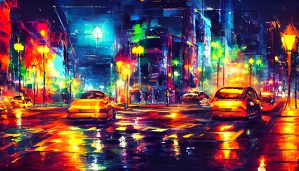 I am walking down the city street at night. The streetlights are shining brightly and the colors of the buildings are calm.