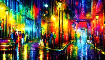 It is a city street at night with colorful, calm streetlights.