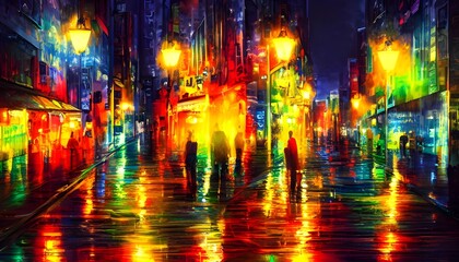 I am standing on a city street at night. The air is calm and the scene is colorful, lit up by the streetlights.