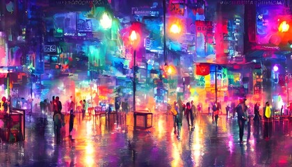 The city street at night is calm and colorful, with bright streetlights shining down. - obrazy, fototapety, plakaty