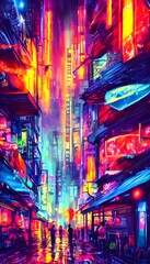 Fototapeta premium The city street night is full of colorful neon lights. They are so bright that they almost hurt my eyes.
