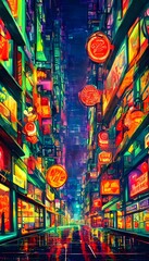 I walk down the city street at night and am surrounded by colorful neon lights. They're so bright that they almost hurt my eyes. I see people walking around, laughing and talking with each other. The 