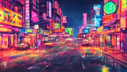 A city street at night, lined with colorful neon lights. Cars pass by, their headlights shining in the darkness. The air is alive with energy and excitement.