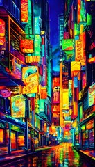 I'm standing in the middle of a city street at night. The air is alive with the sound of honking horns and distant laughter. Neon signs blink brightly in every color imaginable, reflecting onto the we