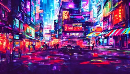 I'm walking down the city street at night and everything is lit up with colorful neon lights.