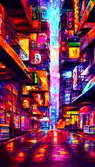 I am standing in the middle of a city street at night. The air is thick with the smell of exhaust and rotting garbage. Bright, colorful neon lights from all the nearby buildings reflect off the wet pa