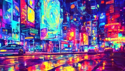 The city street is alive with color and light. Neon signs flash and gleam, drawing the eye in a hundred different directions. Cars zip by, their headlights adding to the bright LED-lit scene. It's ele