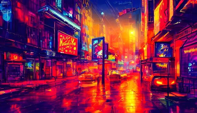 It's nighttime, and the city is alive with color. Neon lights in every hue illuminate the streets, creating an electric atmosphere.