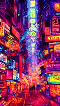A city street at night is alive with color. Neon signs in a myriad of colors light up the streets, and people are out enjoying the nightlife. The air is electric with excitement