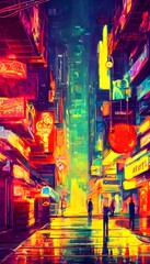 It's a city street at night and the colors are neon.