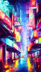 I'm walking down the city street at night and everything is alive with color. The neon lights reflect off the wet pavement and tint everything in a surreal glow.