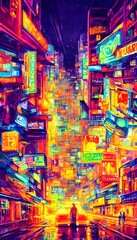 I'm walking down the city street at night and I see a colorful neon sign. The bright lights are shining in my eyes, and I can hear the sound of traffic in the distance.