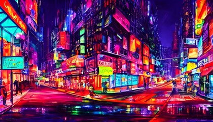 I'm walking down the city street at night and I see all of the colorful neon lights. They're so pretty and they make me feel happy.