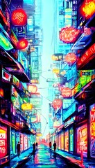 I'm standing in the middle of a city street at night and there are colorful neon lights everywhere. They're so bright that they almost hurt my eyes.