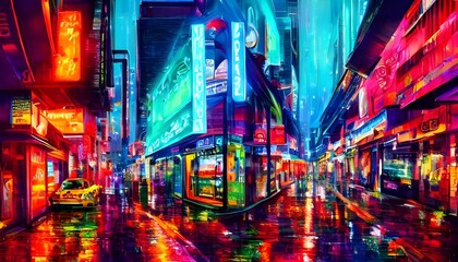 It's a city street at night. The buildings are tall and there are lots of people around. The neon lights make the scene look very colorful.