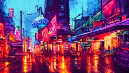 The city street is alive with color and light. Neon signs pulse and flicker, casting an electric glow on the pavement below. Cars zip by, their headlights adding to the bright spectacle of the night.