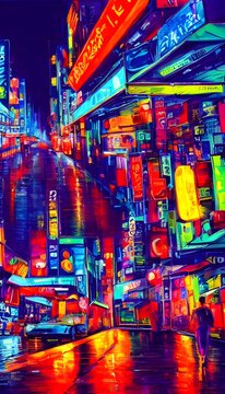 The city street at night is a colorful neon display. The bright lights illuminate the dark pavement and create an ethereal atmosphere. © dreamyart