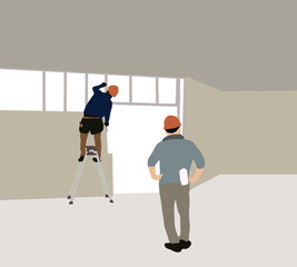 Construction worker with safety helmet inside the building site of a house. Builders working. Renovation background.