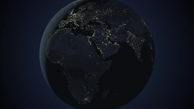 Seamless looping animation of the earth at night zooming in to the 3d map of India with the capital and the biggest cites in 4K resolution