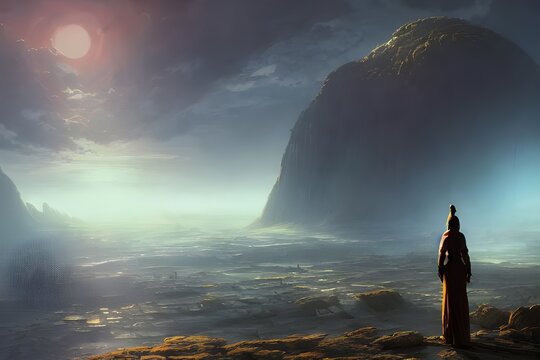 A lone figure stands on an alien landscape, looking out at the vast expanse of space. They are surrounded by a hostile environment, and their only hope is to find a way back home.