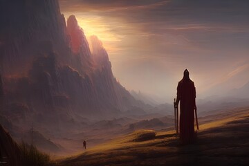 Obraz premium A lone figure stands on an alien landscape, looking out into the vastness of space. The planet is red and rocky, with no signs of life anywhere. The figure is clad in a suit of armor, and has a large
