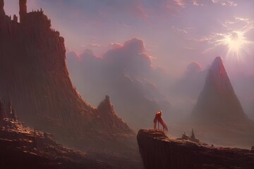 A solitary figure stands on an alien landscape, surrounded by a hostile environment. There is no sign of life anywhere, and the figure looks small and vulnerable in comparison to the vastness of space