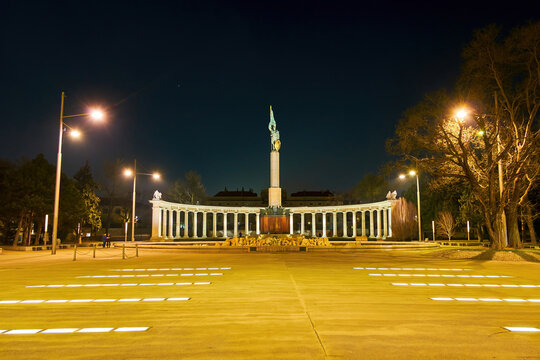 Soviet War Memorial at night, Vienna, Austria located at Vienna's Schwarzenbergplatz, Austria