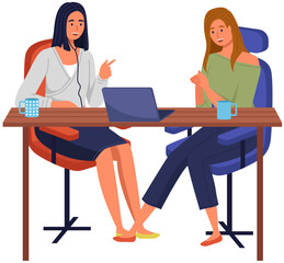 Teamwork concept with two girls solving tasks together, sitting at table with laptop. Female characters freelancers working together. Collaboration employees talking, discussing work with computer