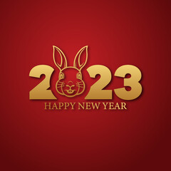 Fototapeta na wymiar New year 2023 greeting. Happy new year 2023 with rabbit head. 2023 gold color. New year 2023 vector illustration. New year background.