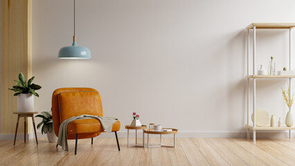 Empty room in warm tones with orange leather armchair and decoration minimal.