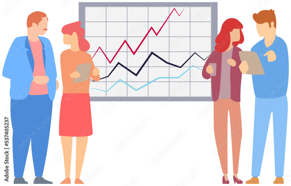 Poster manager makes presentation of statistical report analysis charts. planning business. teamwork consul