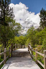 Route to Yading park with a snow mountain, Sichuan, China. Wooden path through the trees, snow covered mountain, blue sky with clouds