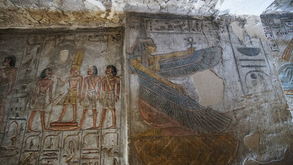 Valley of the kings Luxor Egypt Tomb of Tausert and Setnakht heiroglyphic painting with pastel...