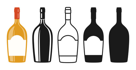 Wine bottle and empty label set, silhouette, icon, stamp engraving design. Alcohol beverages sparkling wine champagne liquor. Celebration winemaking advertisement bottles mockup for bar, restaurant